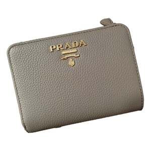 Prada Vitello Grain Argilla Grey Leather Small Wallet with Zipper Gold Plaque